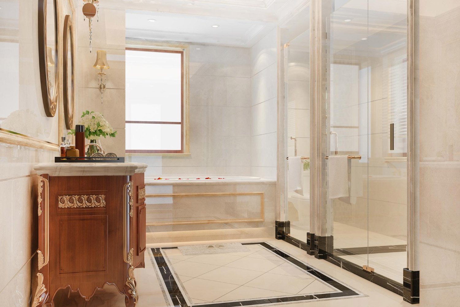 A bathroom with a marble floor and a glass shower.