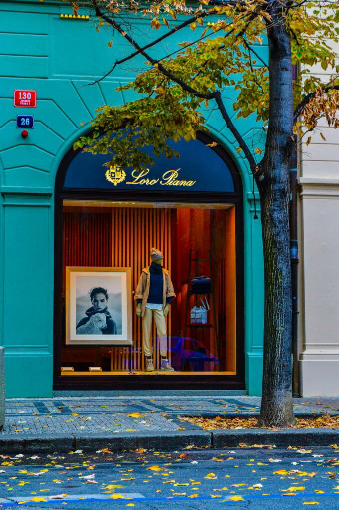A clothing store window display features a mannequin in autumn attire and a large black-and-white portrait. Adjacent tree shows signs of fall foliage. Storefront displays "Loro Piana" signage.